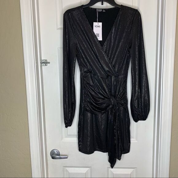 YOINS Black Metallic Wrap Dress Size Small - Picture 2 of 10